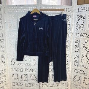 Juicy Couture Navy Velour Tracksuit Sz Womens XLarge Rhinestone Y2K Full Zip